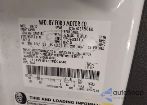 2012 Ford F-150 Lariat from USA, damaged, VIN 1FTFW1ET3CFD04846